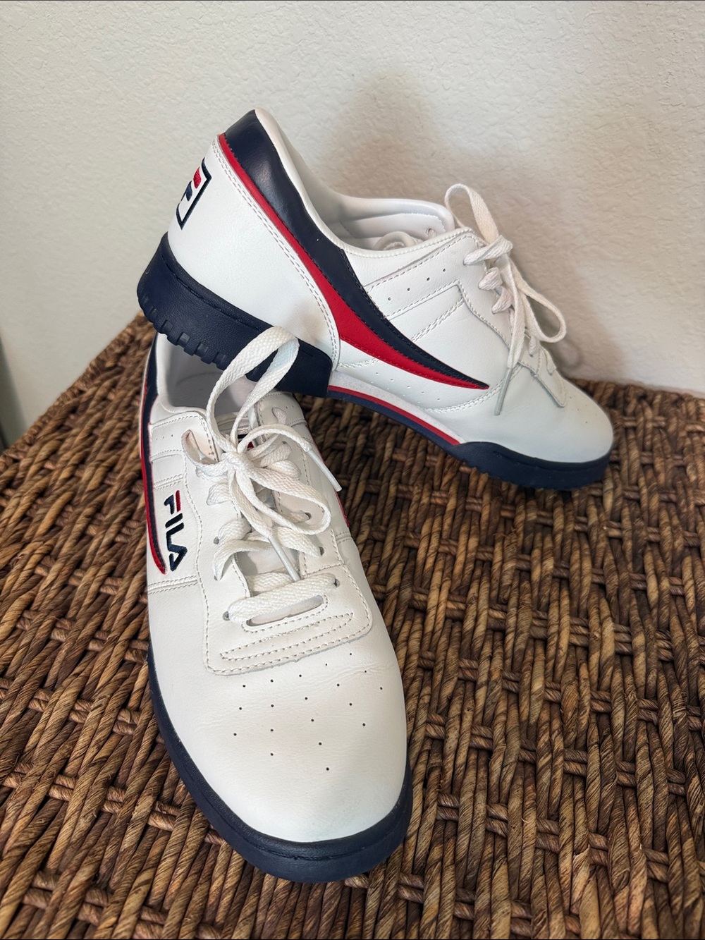 Fila White Leather Sneakers with Navy and Red Trim